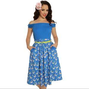 RARE LINDY BOP Blue Llama Print Carla Dress Novelty Retro Travel US 12 GUC